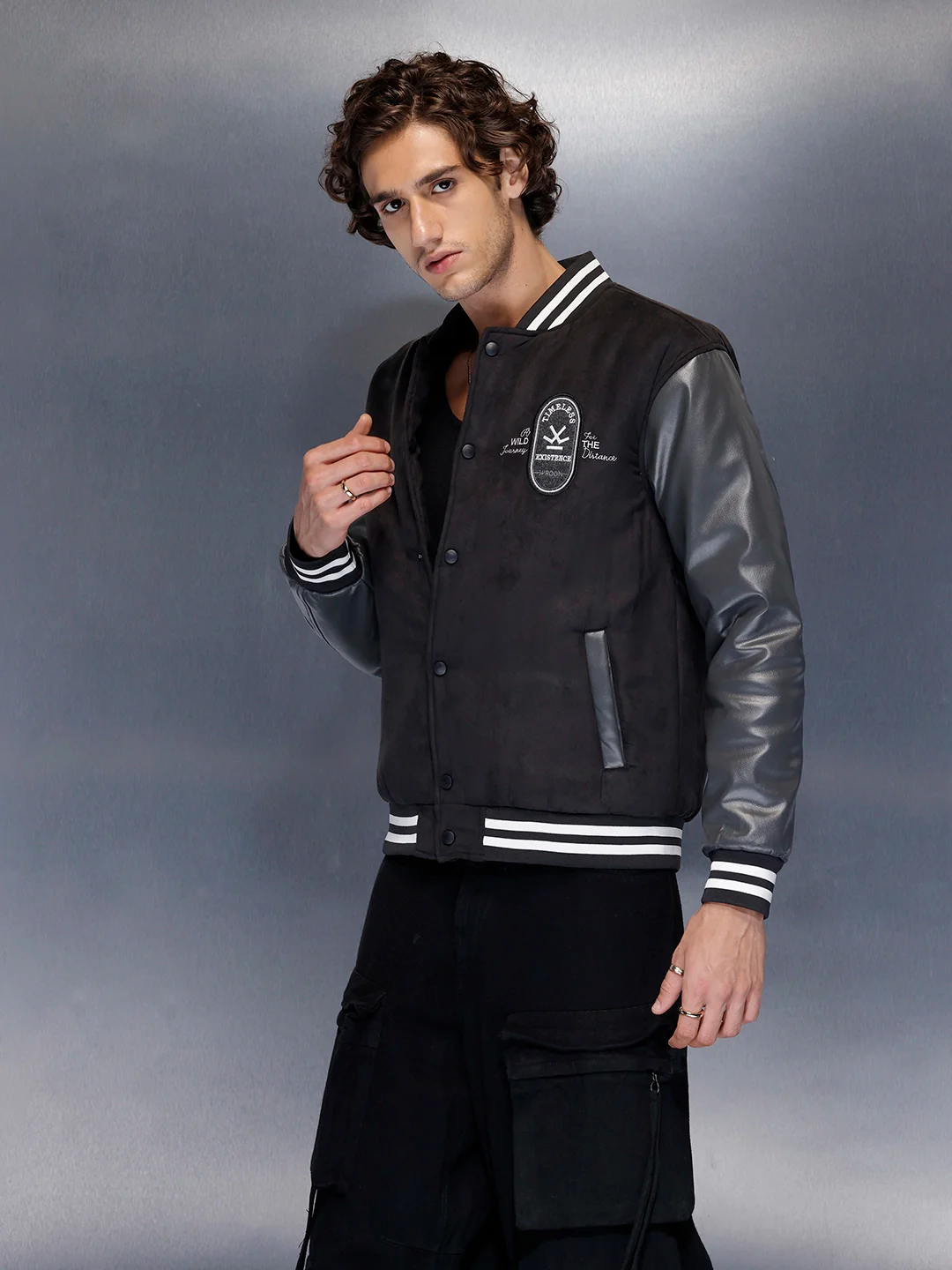 Men’s black varsity jacket with leather sleeves | Black - Image 3
