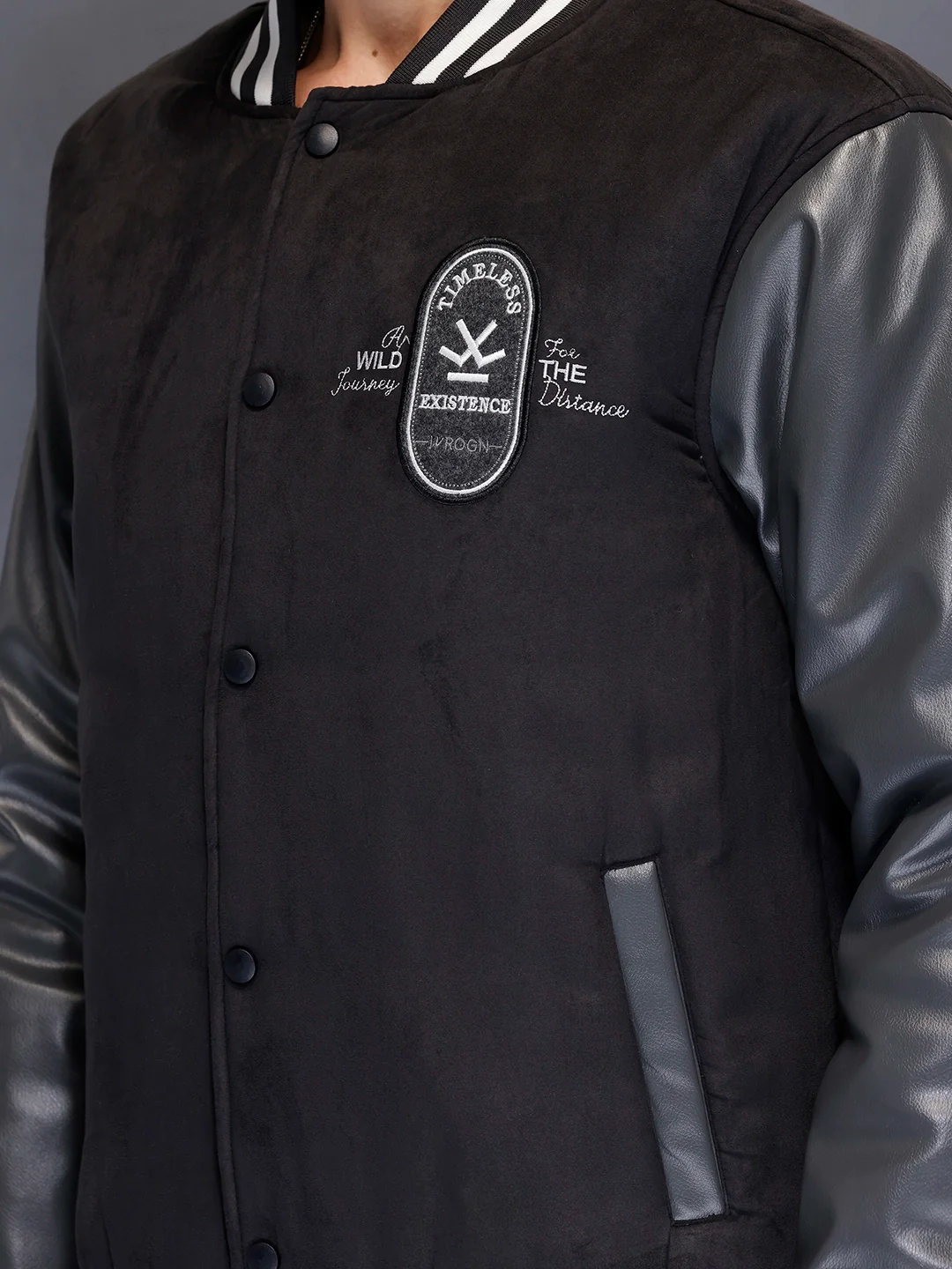 Men’s black varsity jacket with leather sleeves | Black - Image 4