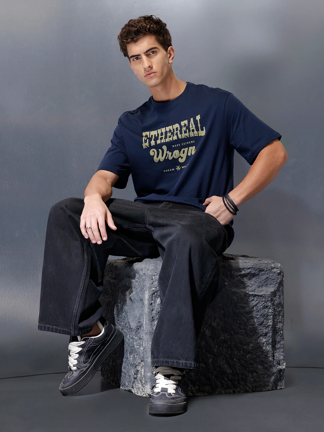 Men’s bold front print cotton t-shirt | Navy Blue - Image 2