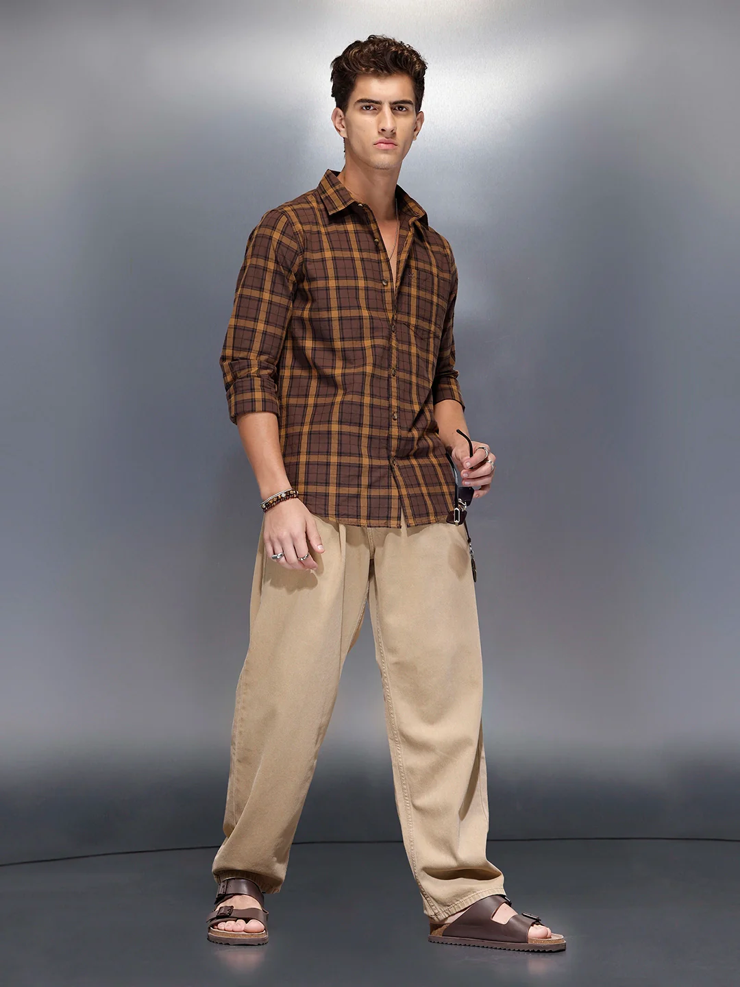Men’s brown flannel-style check shirt | Khaki - Image 2