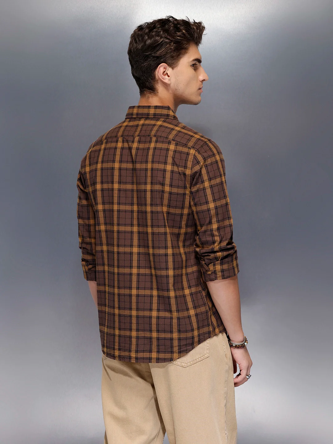 Men’s brown flannel-style check shirt | Khaki - Image 3