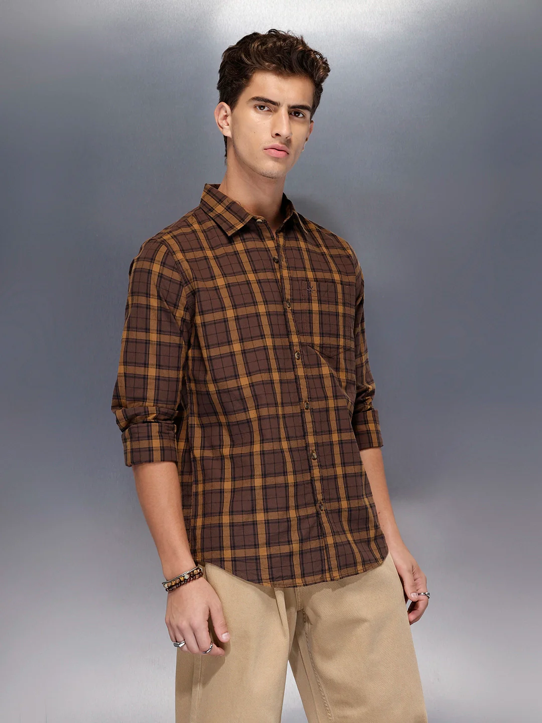 Men’s brown flannel-style check shirt | Khaki - Image 4