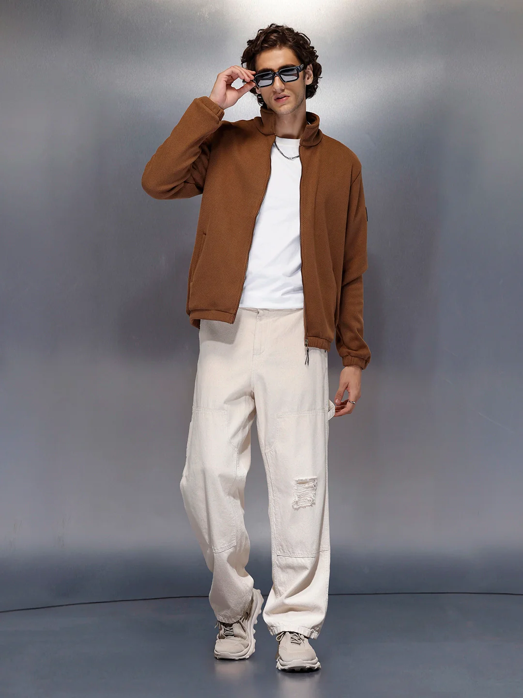 Men’s brown textured zip-up jacket | Brown - Image 2