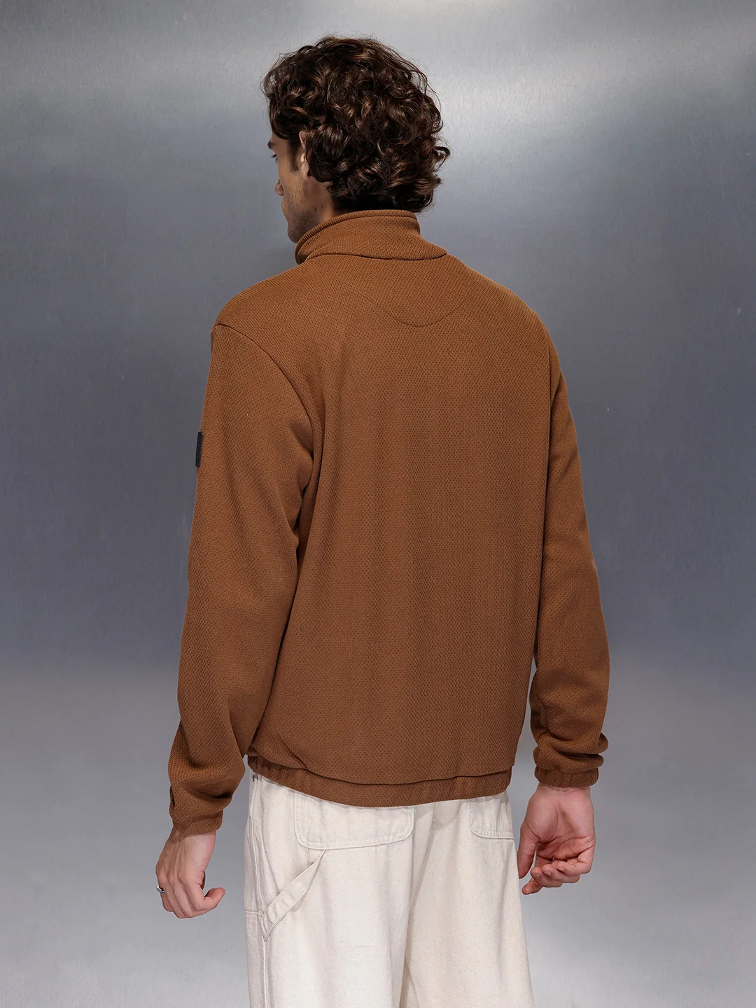 Men’s brown textured zip-up jacket | Brown - Image 3