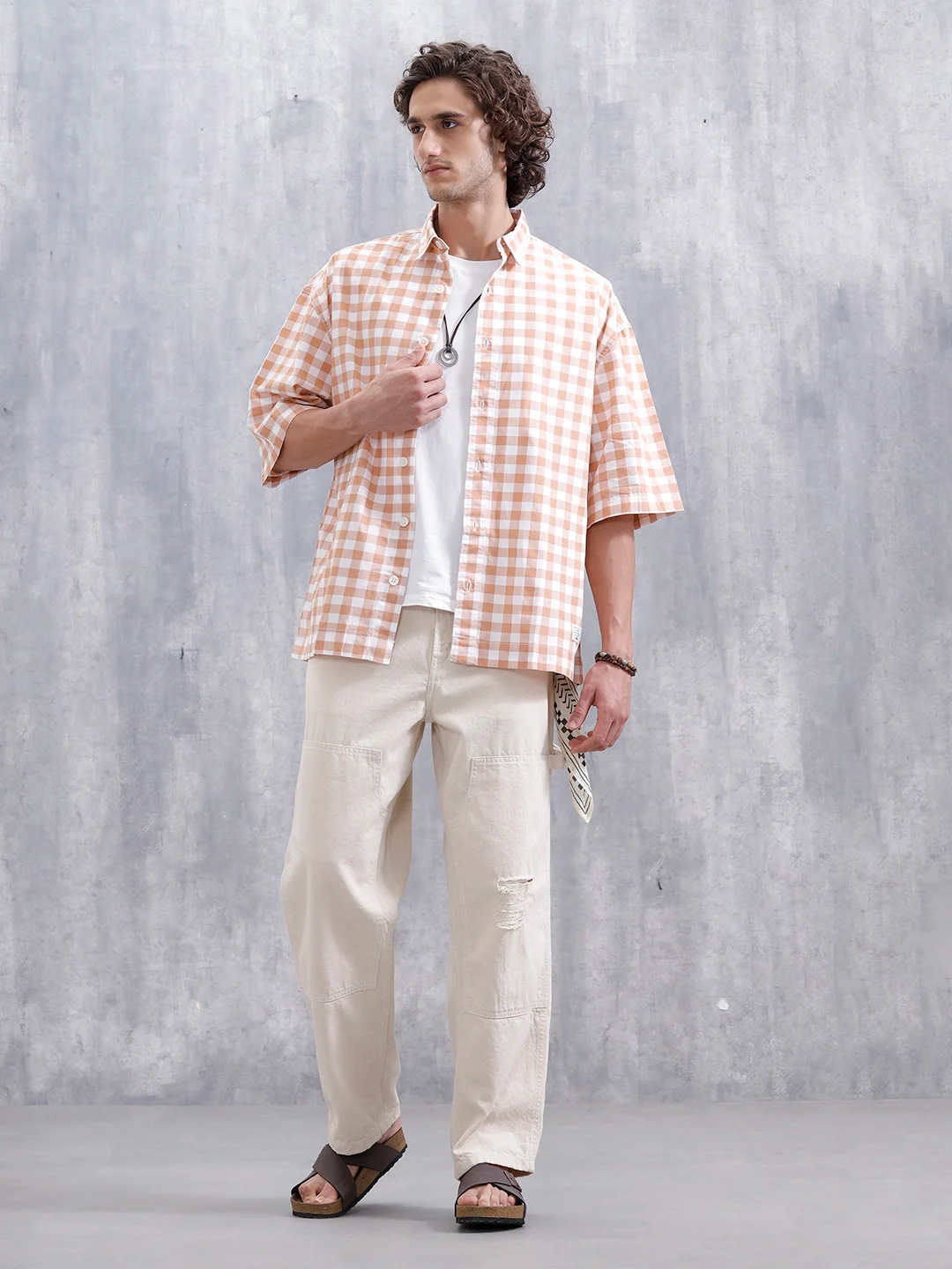 Men’s Casual Oversized Plus Fit Checked Shirt | Orange - Image 2