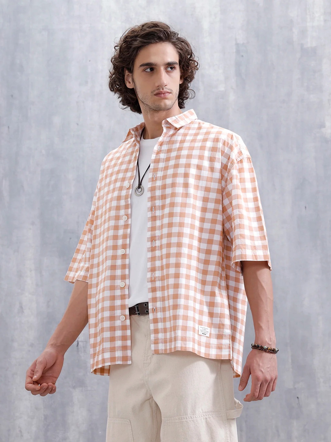 Men’s Casual Oversized Plus Fit Checked Shirt | Orange - Image 4