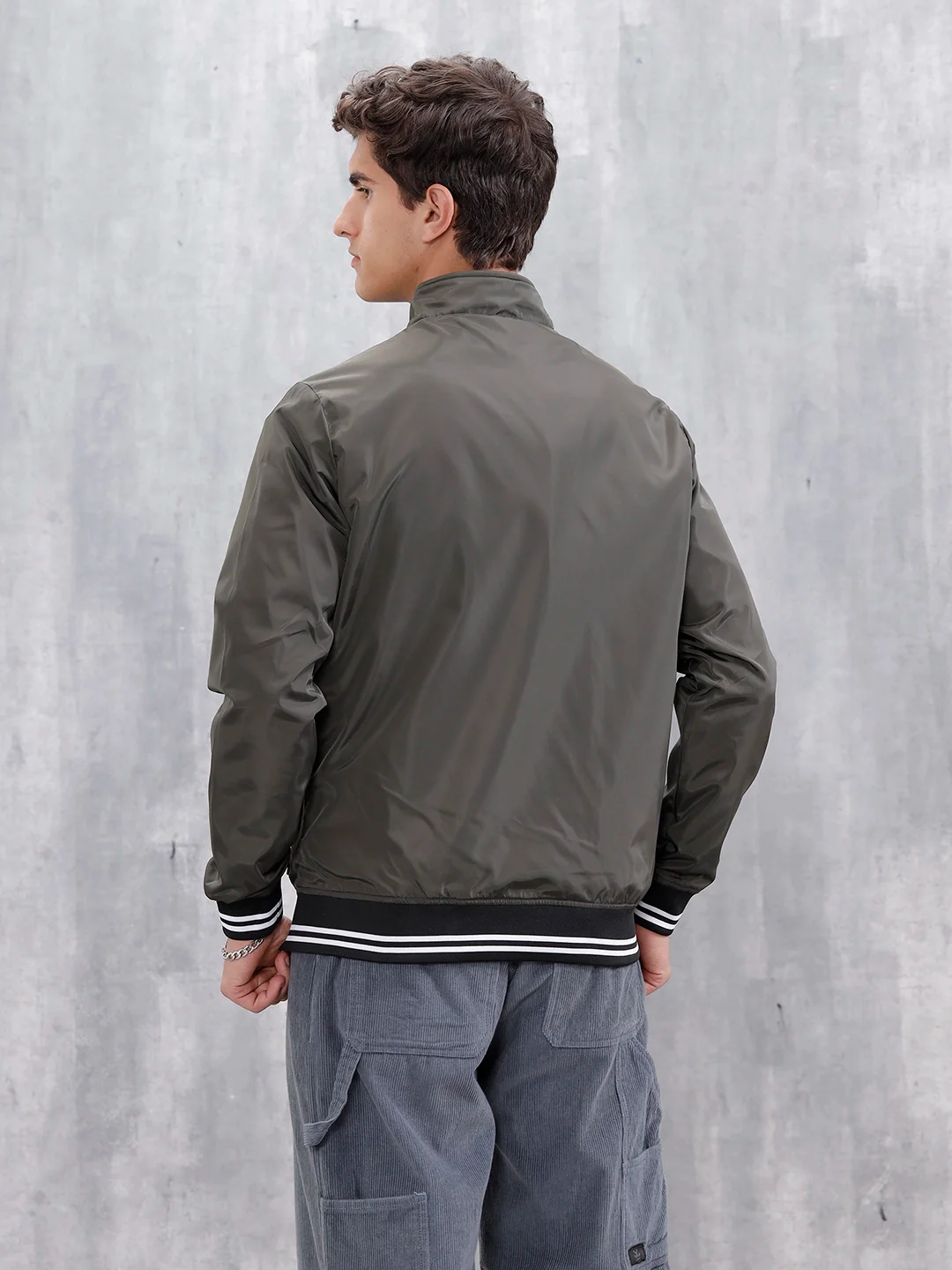 Men's Casual Zip-Up Jacket With Contrast Trim | Green - Image 3