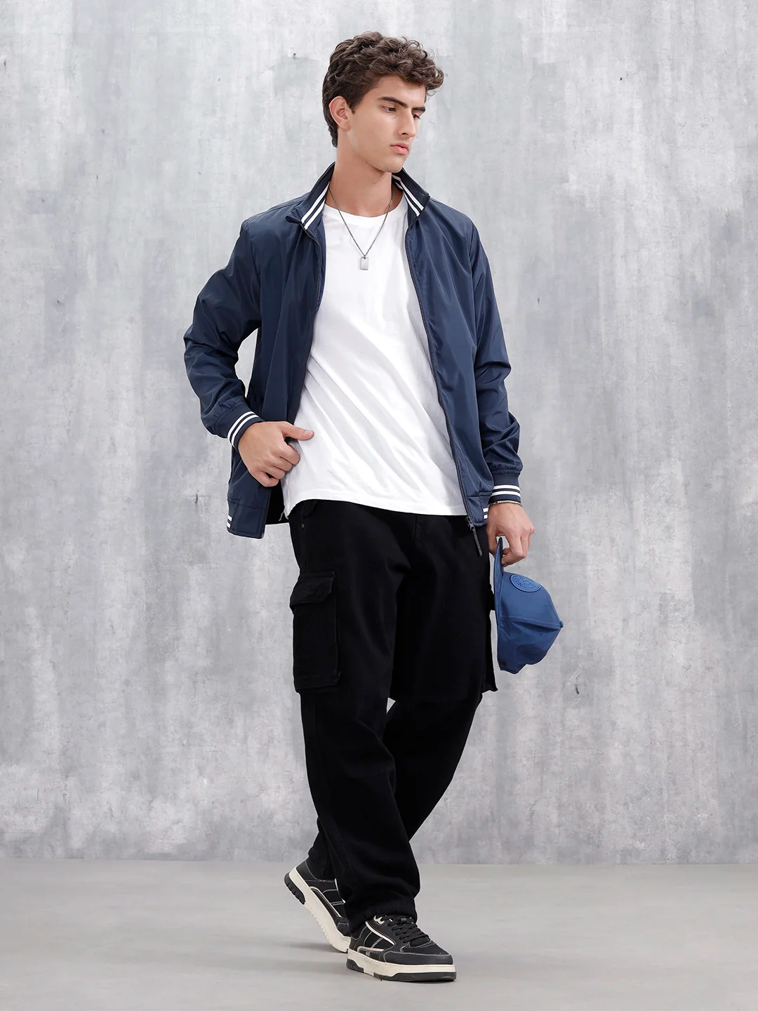 Men's Casual Zip-Up Jacket With Contrast Trim  | Navy Blue - Image 2