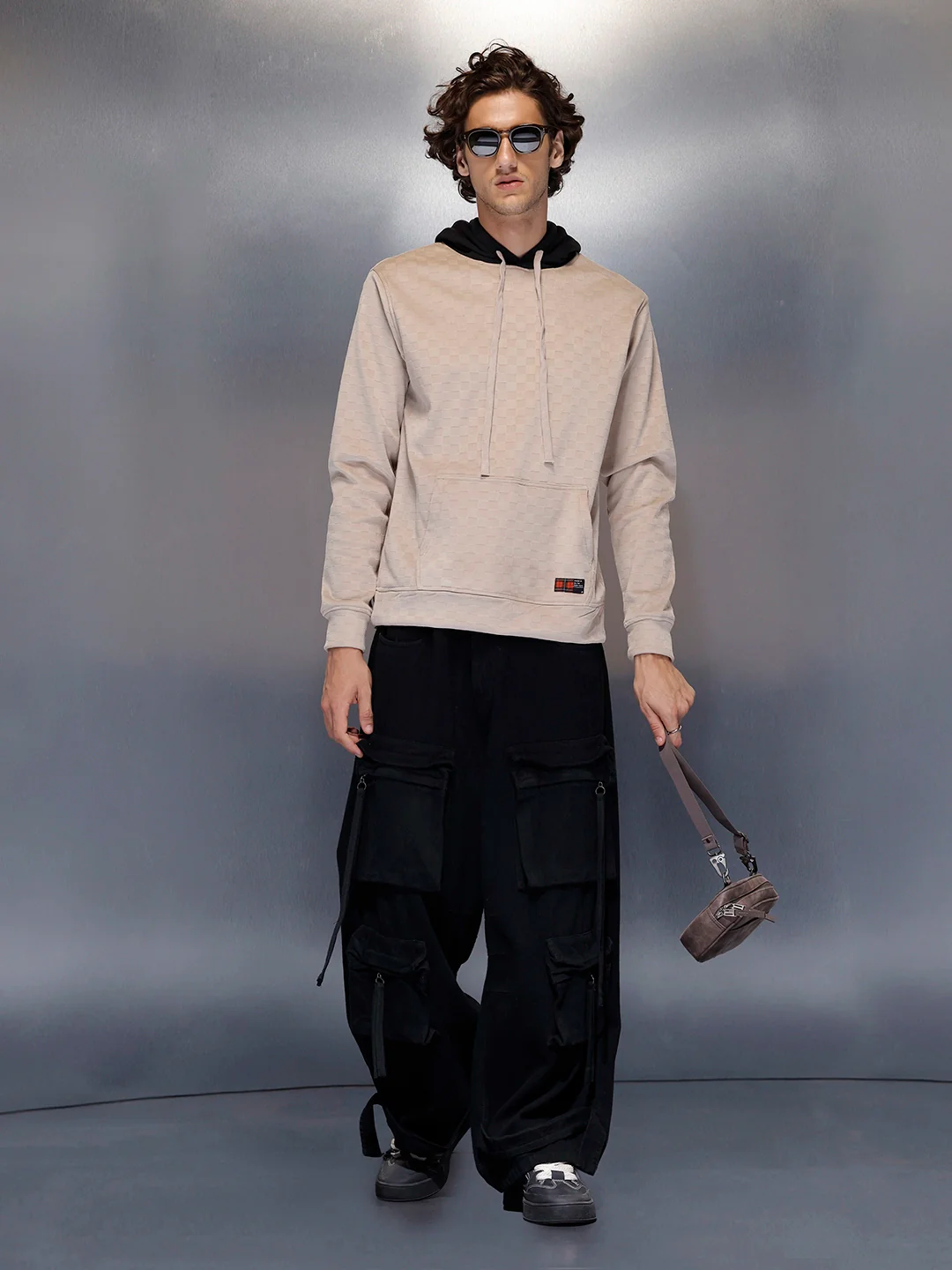Men’s check-textured & black hoodie | Beige - Image 2