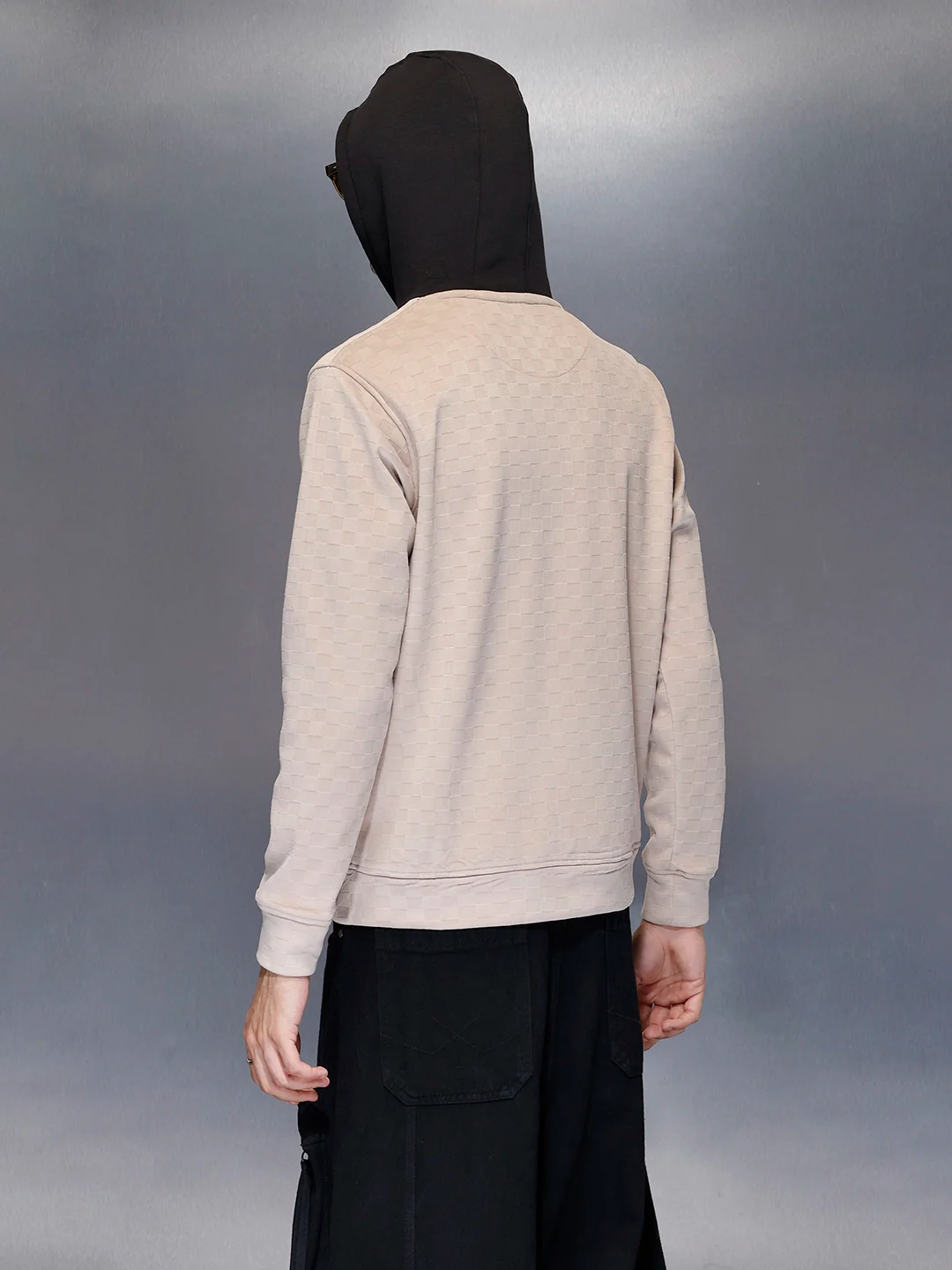 Men’s check-textured & black hoodie | Beige - Image 3
