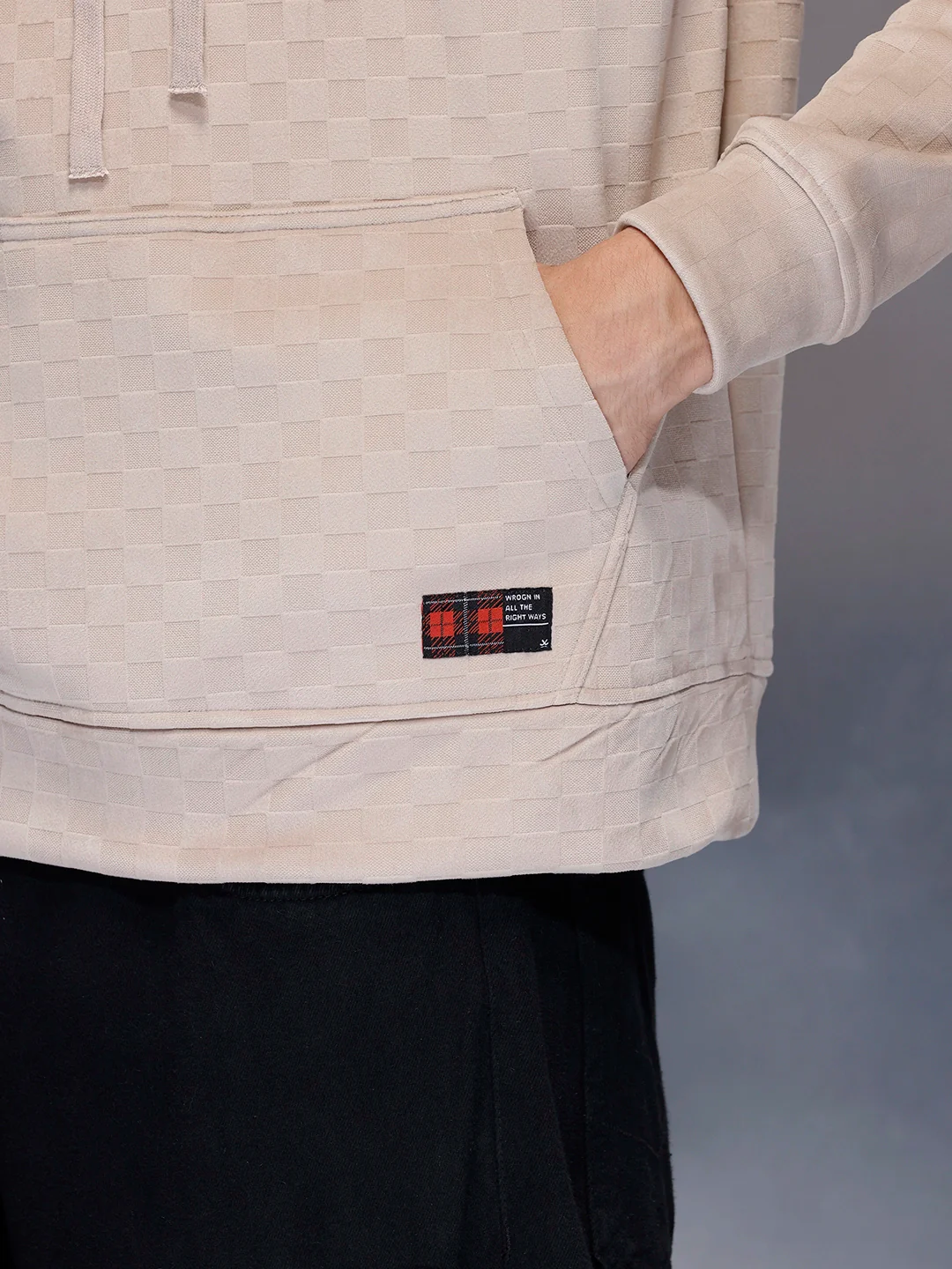 Men’s check-textured & black hoodie | Beige - Image 5