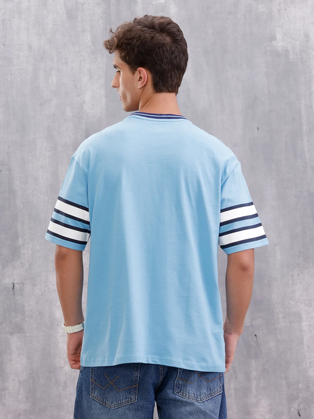 Men’s Colorblock Varsity Graphic Oversized Fit T-Shirt | Blue - Image 3