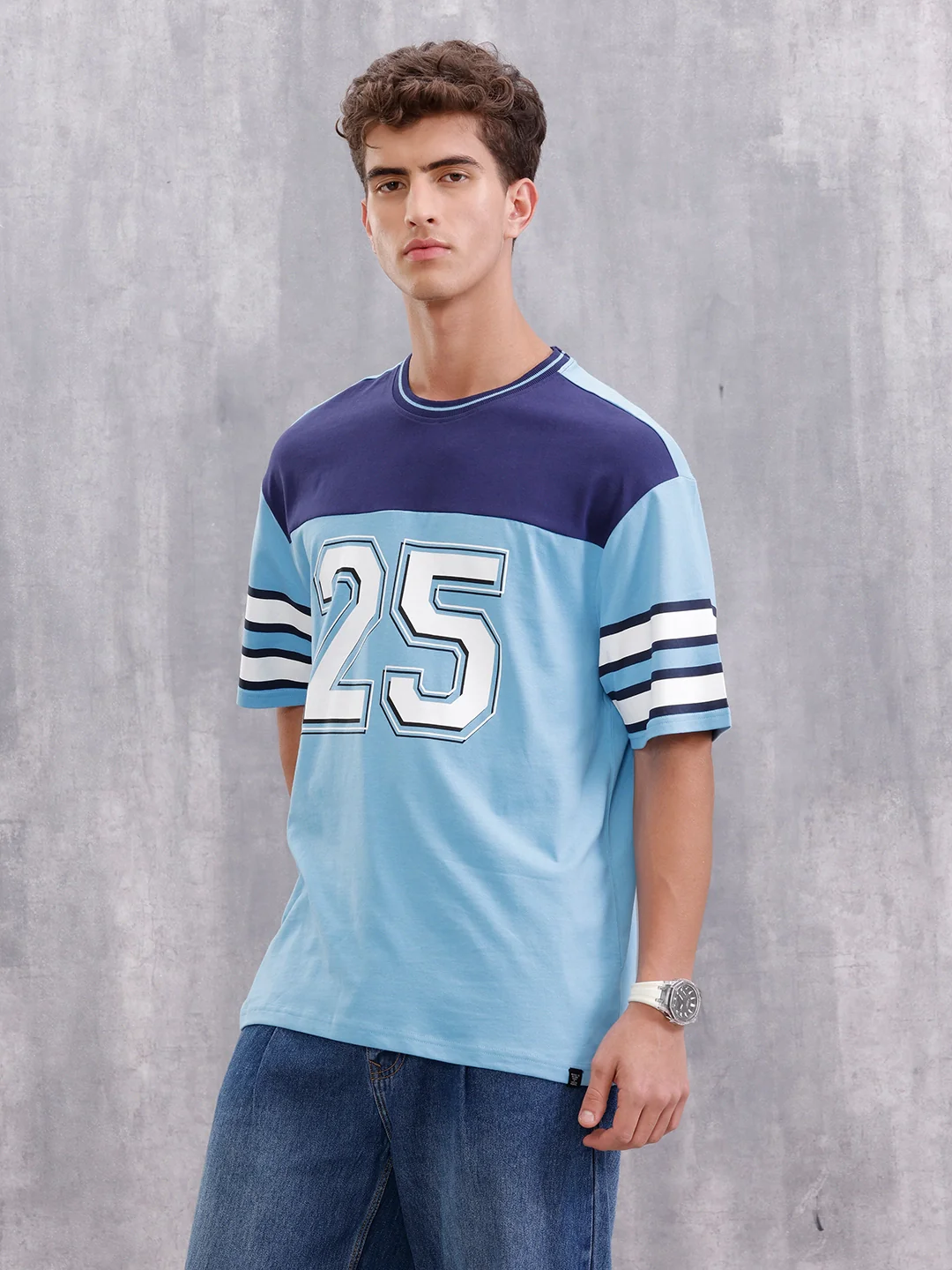 Men’s Colorblock Varsity Graphic Oversized Fit T-Shirt | Blue - Image 4