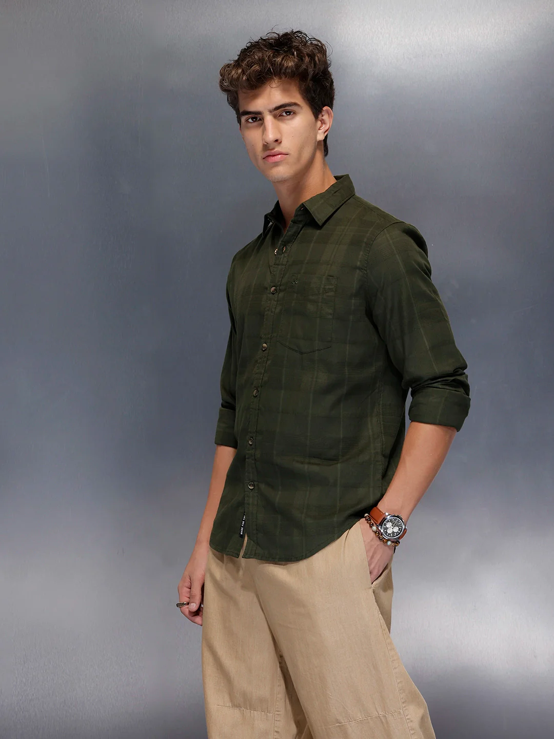 Men’s Dark Green Subtle Check Shirt | Olive - Image 4