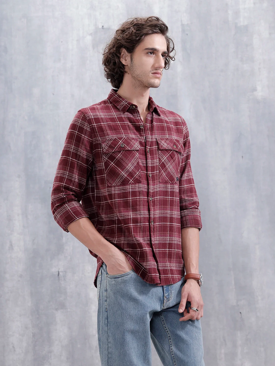 Men’s Double Pocket Checkered Pattern Shirt | Maroon - Image 4