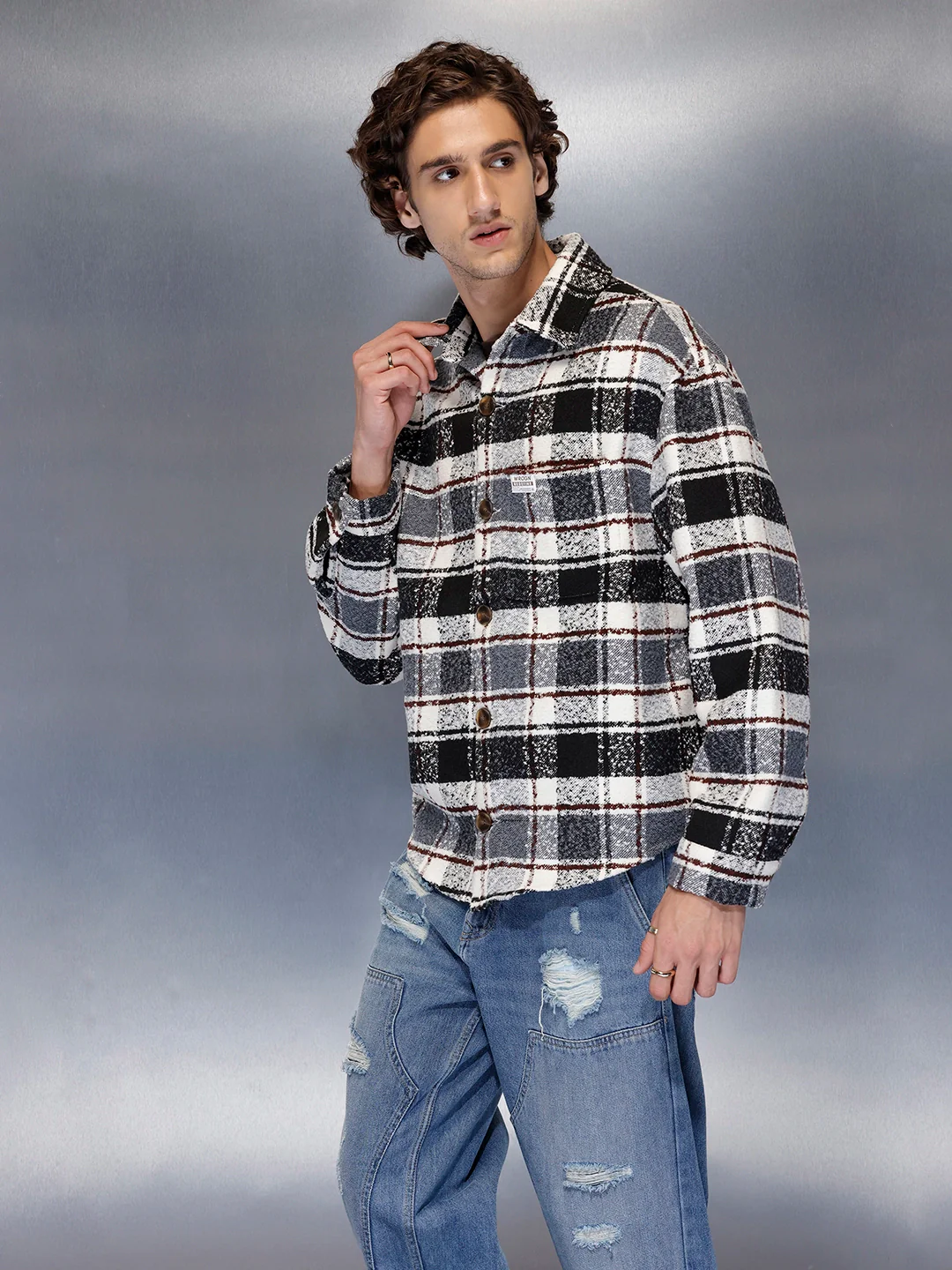 Men’s monochrome Oversize bold check shacket | Grey - Image 3