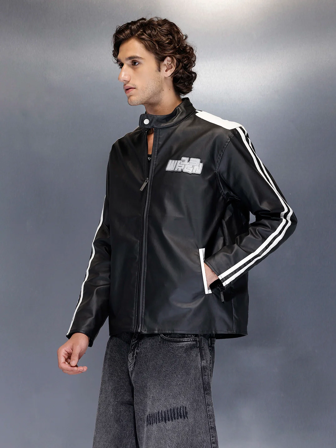 Men’s moto-style jacket with contrast stripes | Black - Image 3
