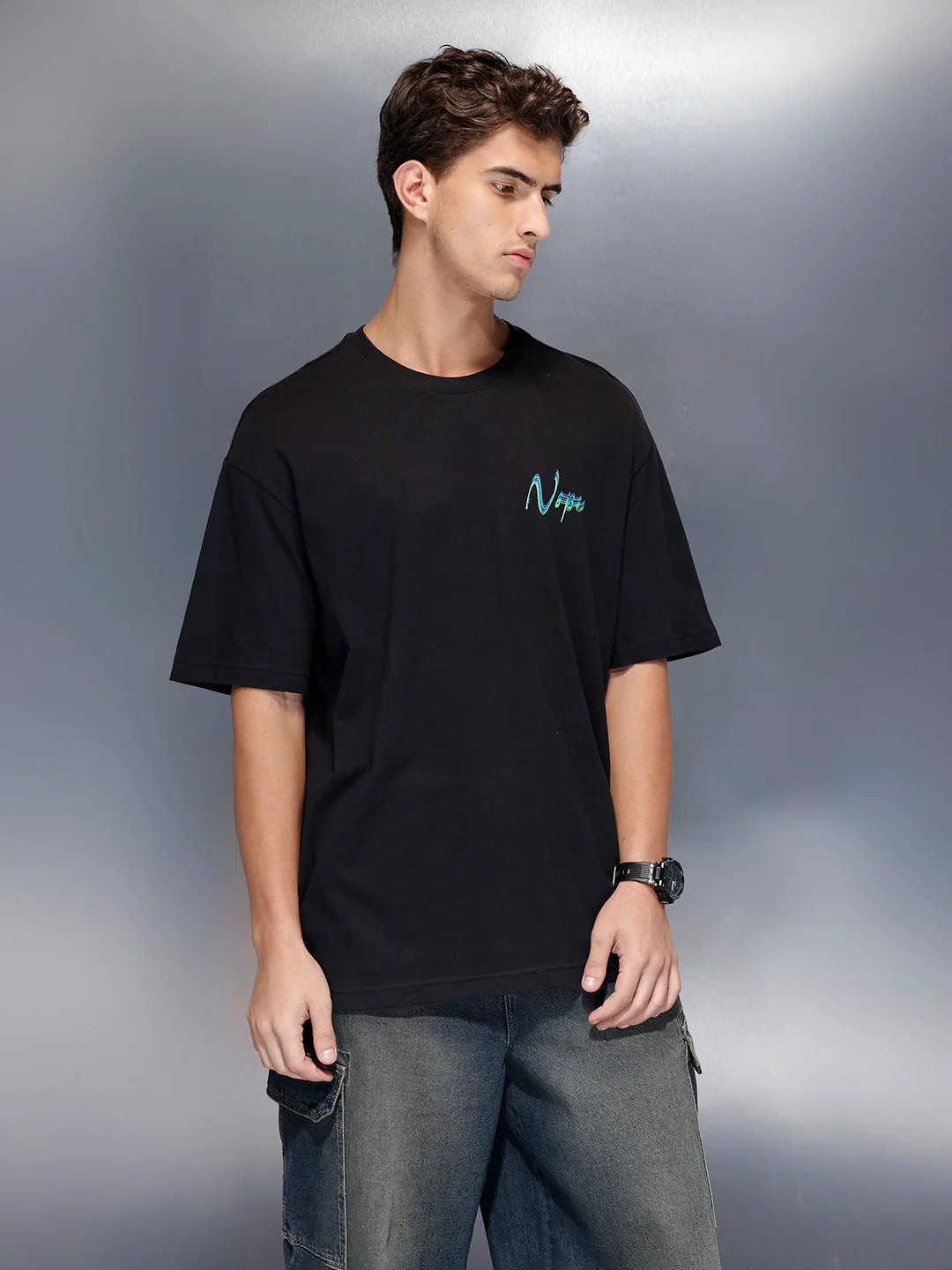 Men’s oversized black t-shirt with minimal chest print | Black - Image 4