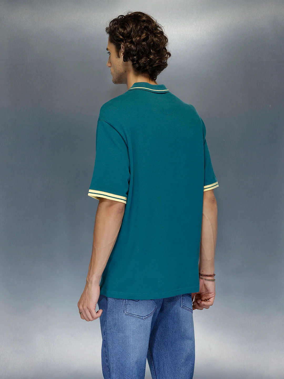 Men’s Retro Script print Zip Polo | Dark Teal - Image 3