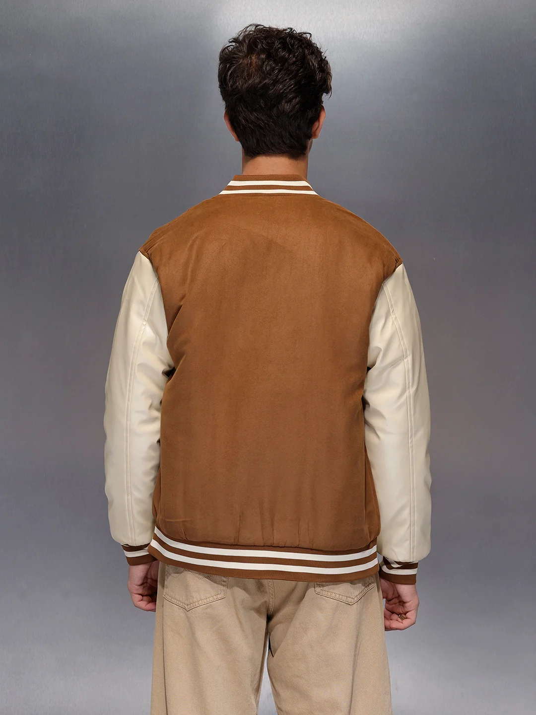 Men’s Retro Tan Suede-Look Varsity Jacket | Brown - Image 3