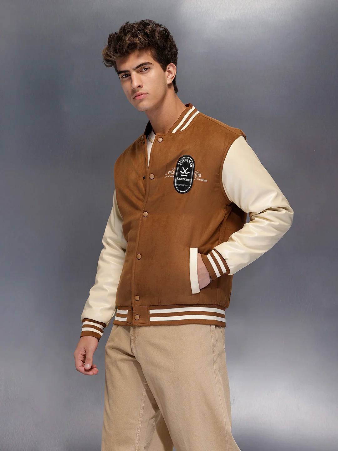 Men’s Retro Tan Suede-Look Varsity Jacket | Brown - Image 4