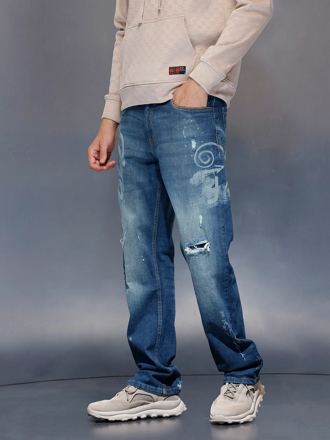 Men’s Rugged Wash Denim with Paint Splatter | Med Stone - Image 4
