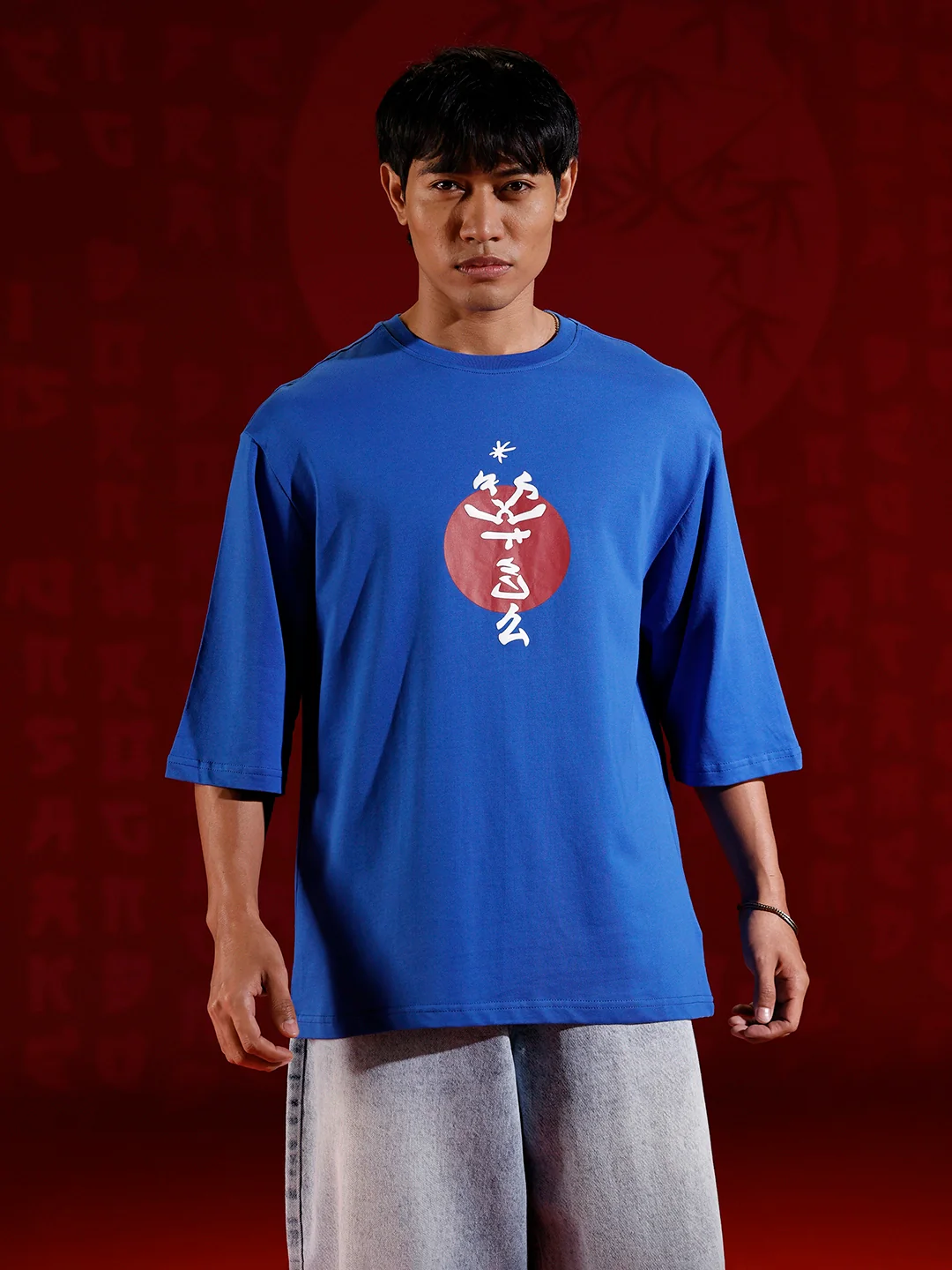 Men’s samurai mask graphic oversized T-shirt | Blue - Image 3