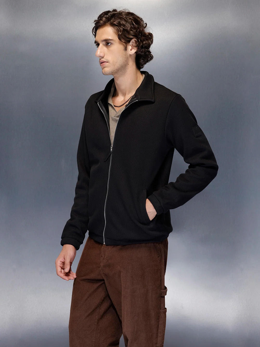 Men’s slim-fit textured high-neck jacket | Black - Image 4