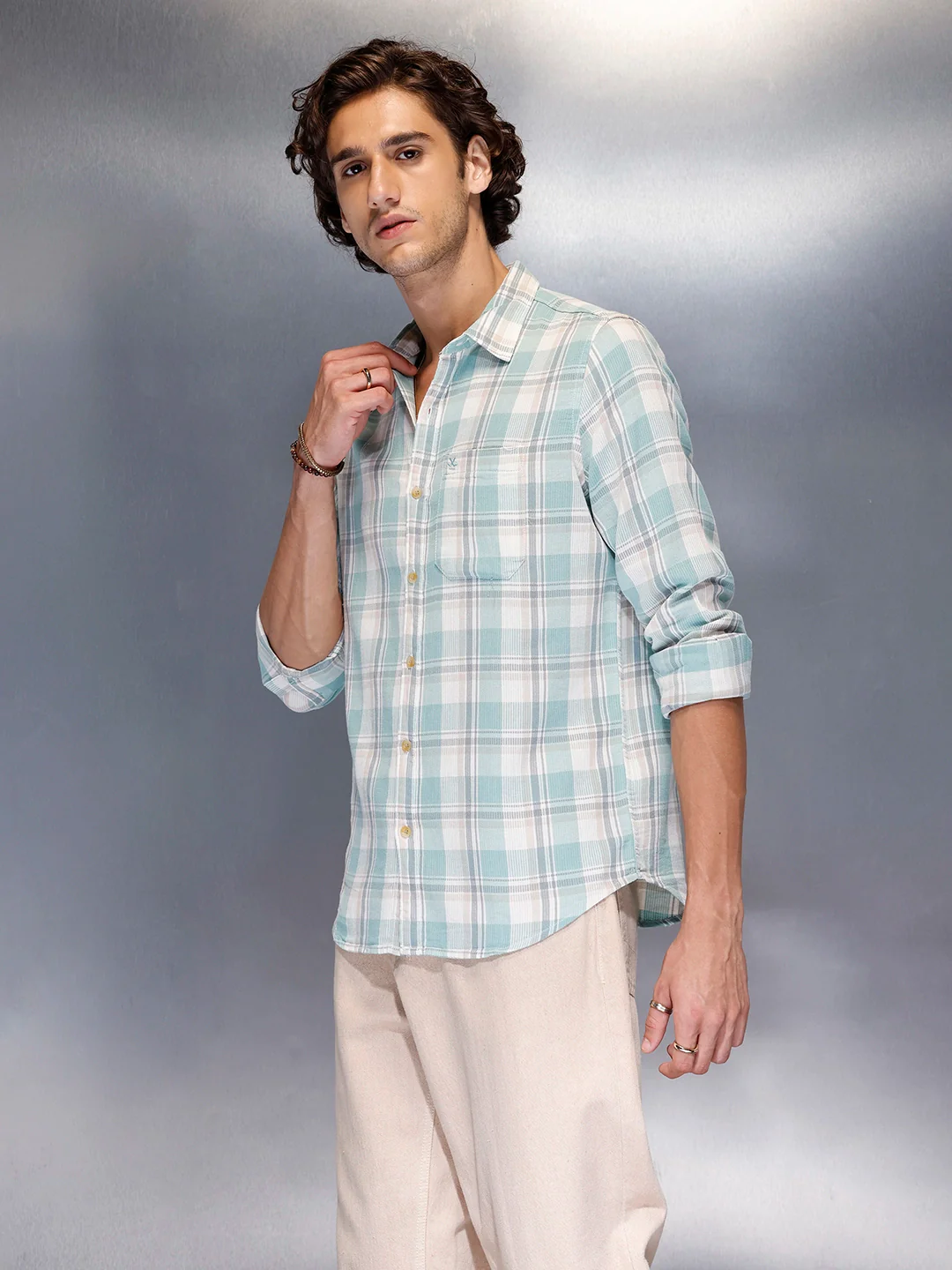 Men’s soft tone plaid casual shirt | Green - Image 4