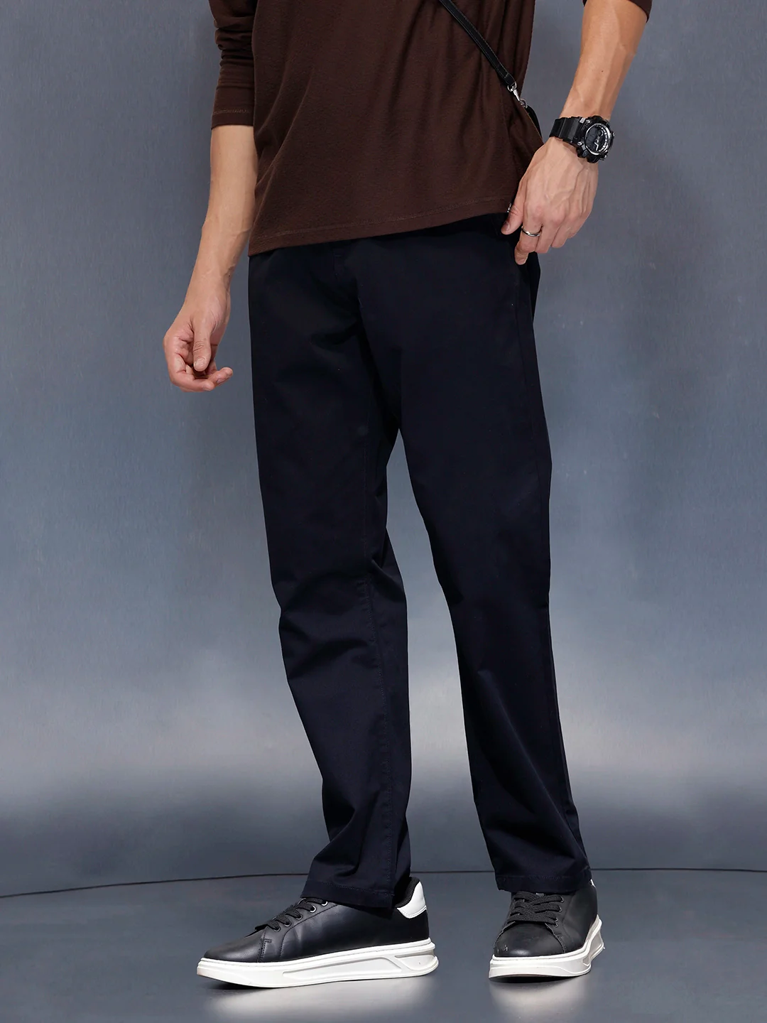 Men’s solid black cotton chinos | Navy - Image 4