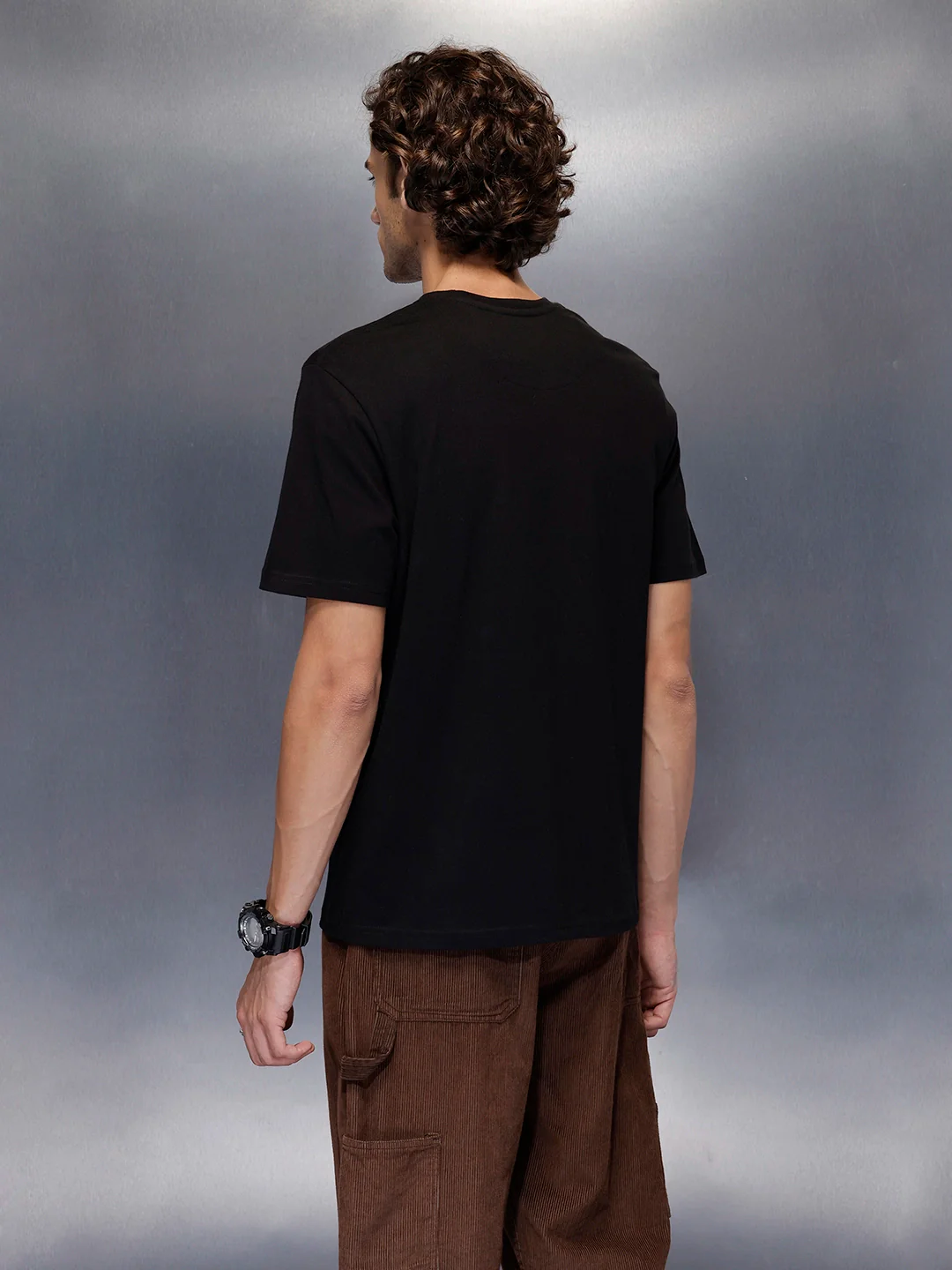 Men’s solid black slim fit printed t-shirt | Black - Image 3
