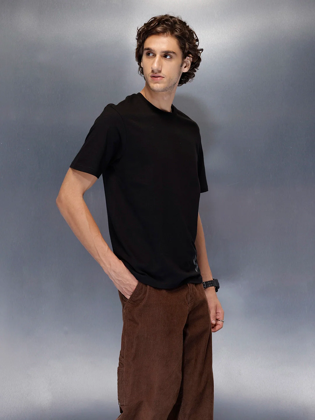 Men’s solid black slim fit printed t-shirt | Black - Image 4