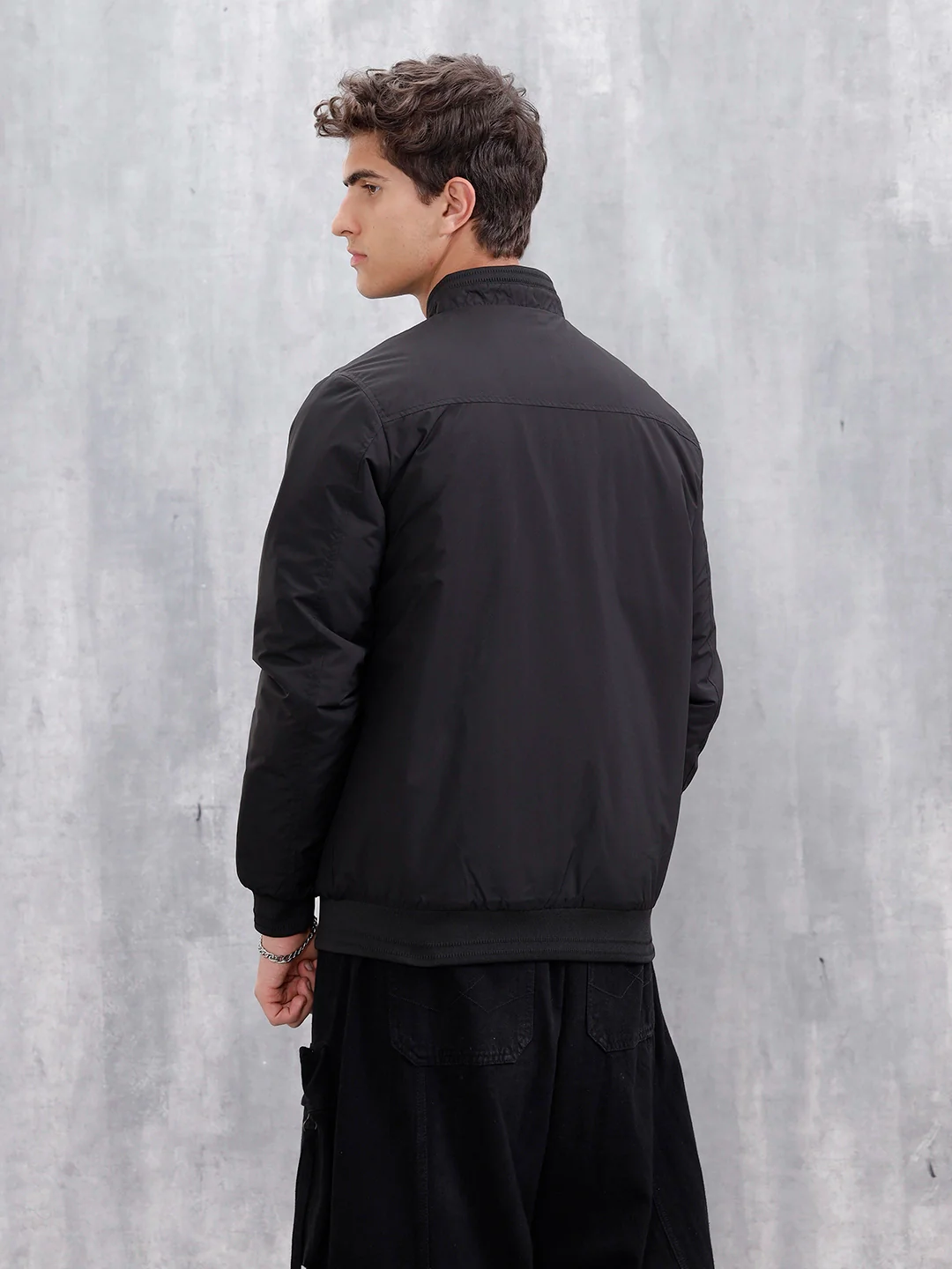 Men's Solid Casual Bomber Jacket | Black - Image 3