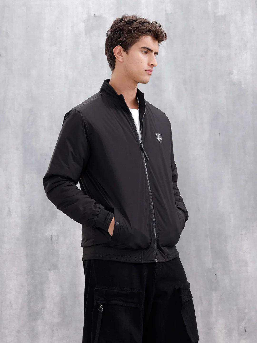 Men's Solid Casual Bomber Jacket | Black - Image 4