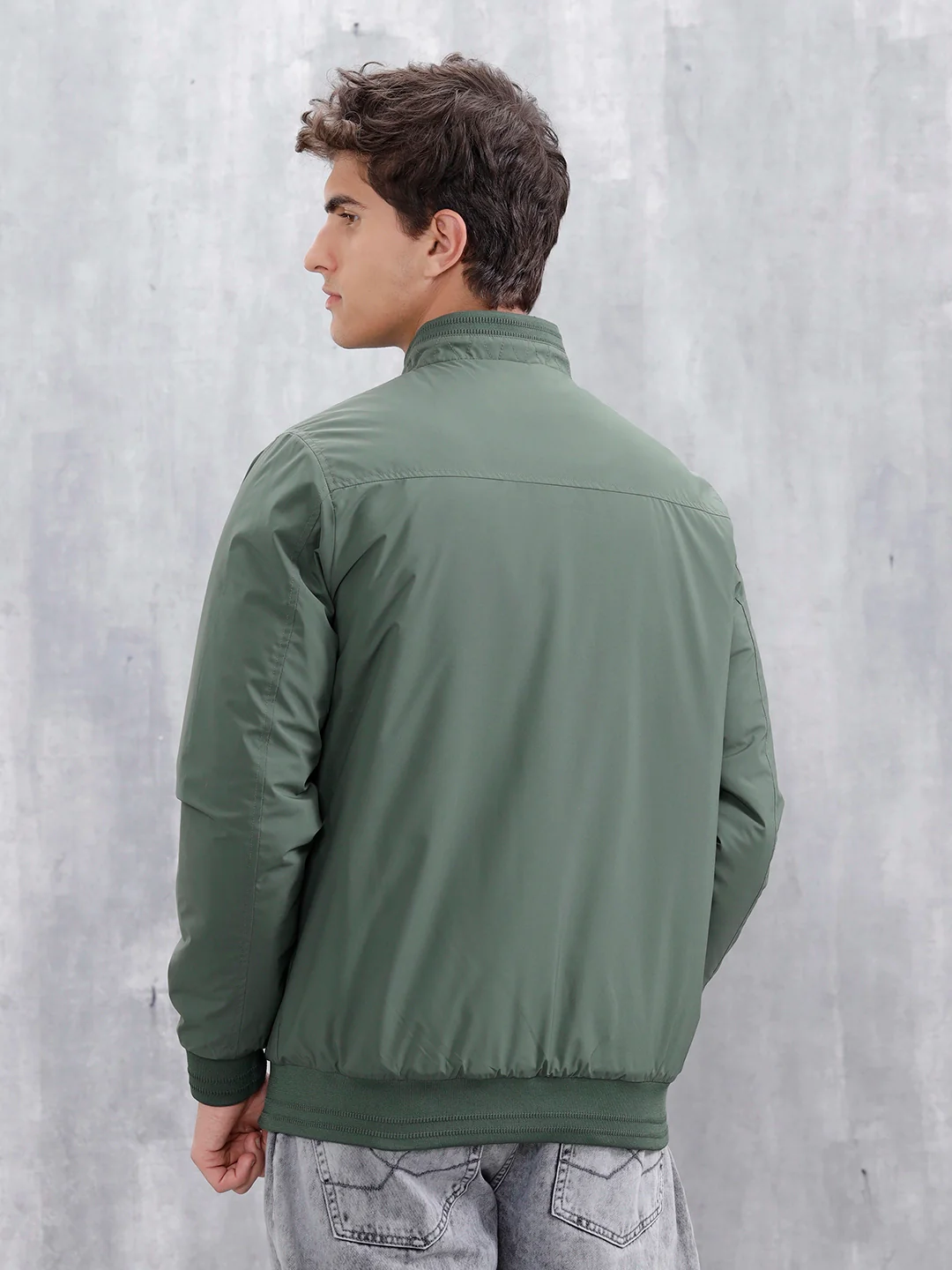 Men's Solid Casual Bomber Jacket | Green - Image 3