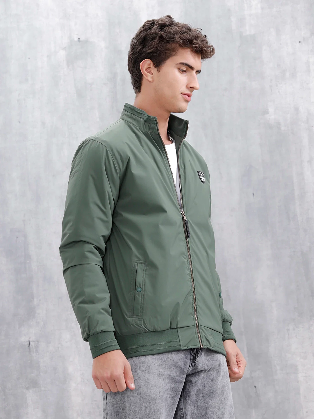 Men's Solid Casual Bomber Jacket | Green - Image 4