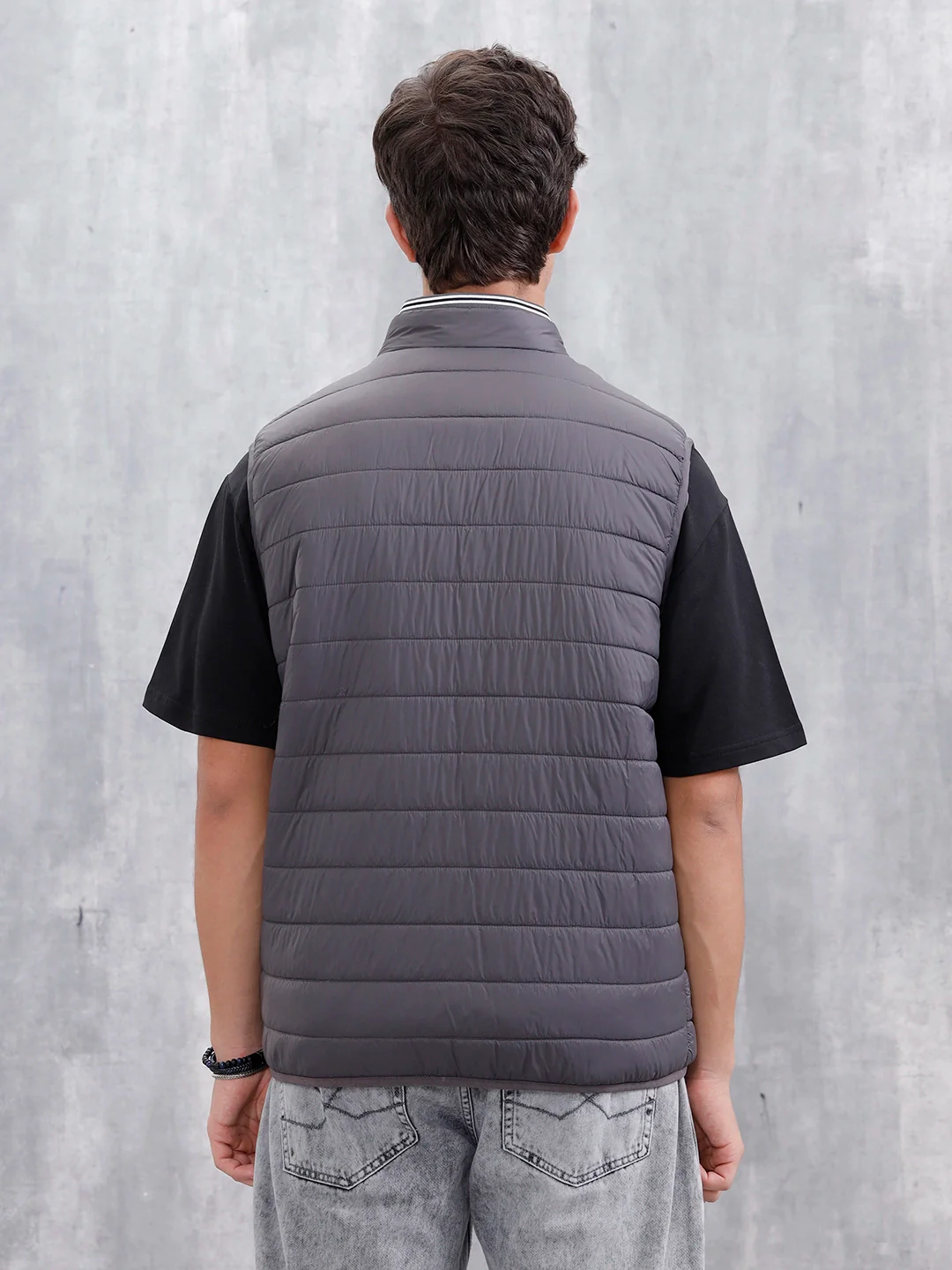 Men's Solid Casual Puffer Jacket | Grey - Image 3