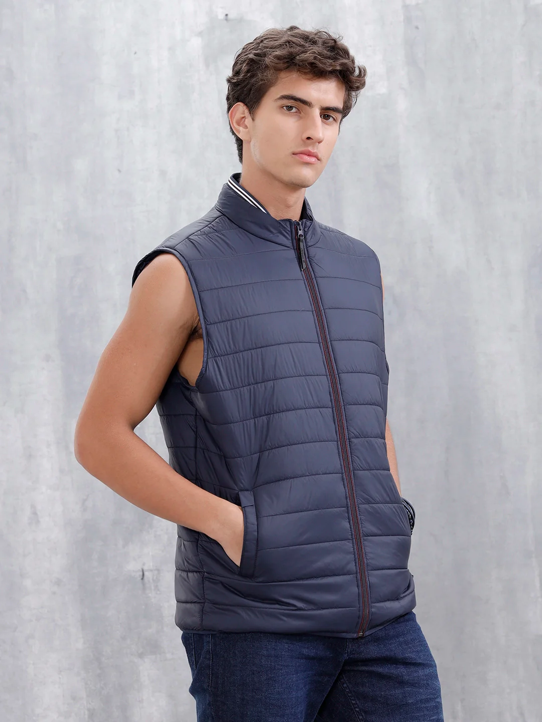 Men's Solid Casual Puffer Jacket  | Navy Blue - Image 4