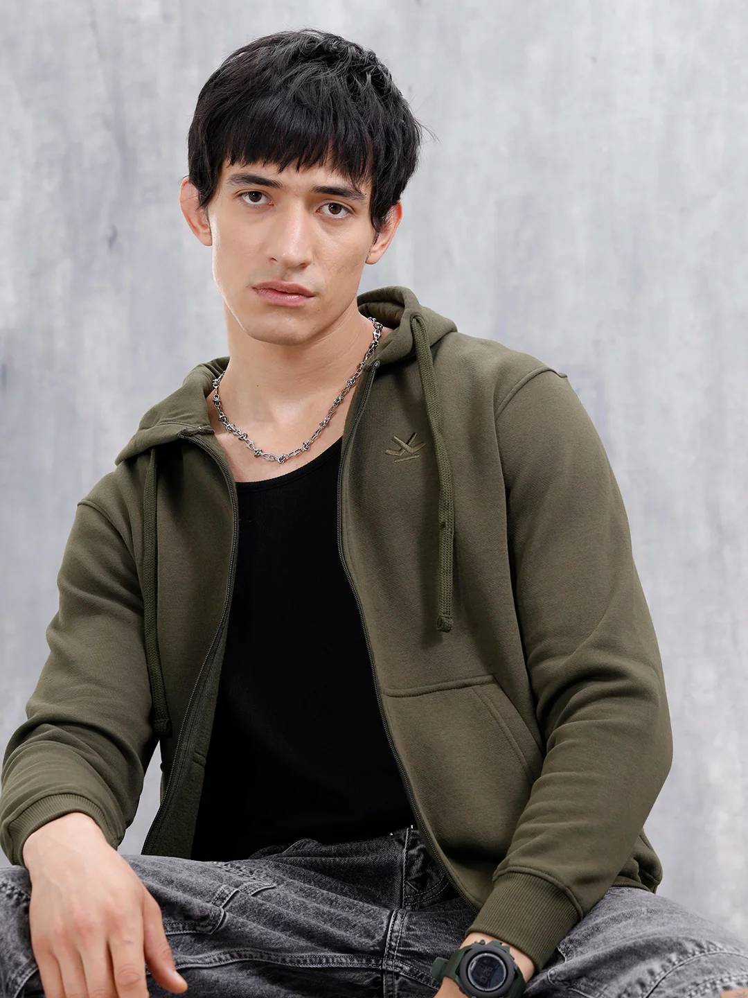 Men’s Solid Zip-Up Hoodie Sweatshirt | Olive - Image 10