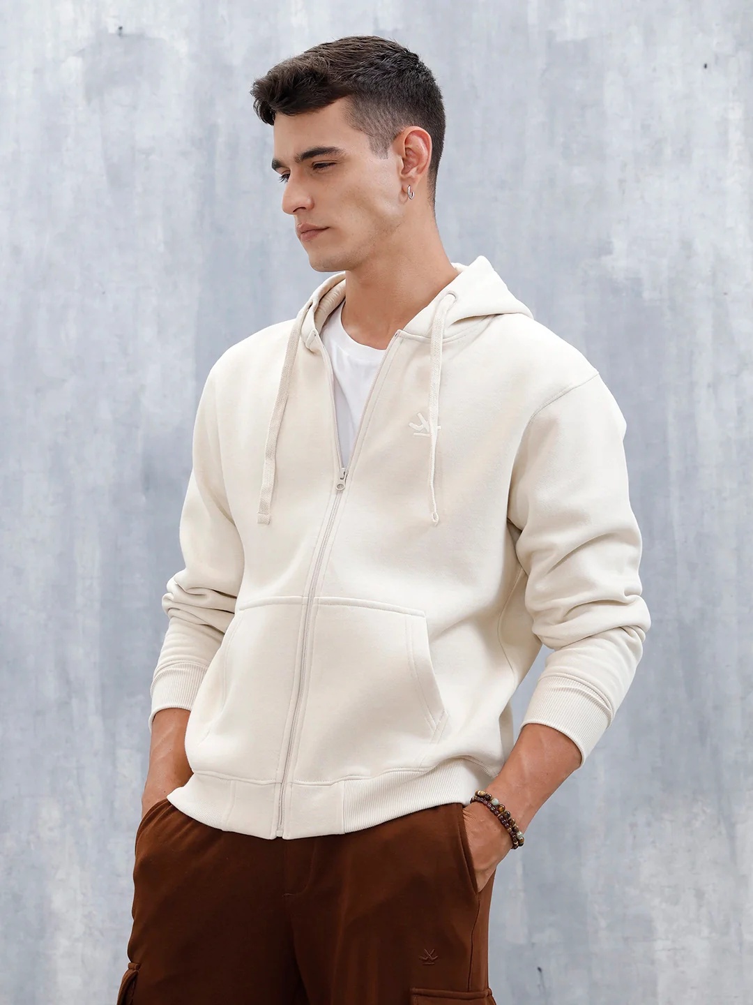 Men’s Solid Zip-Up Hoodie Sweatshirt | Tapioca - Image 8