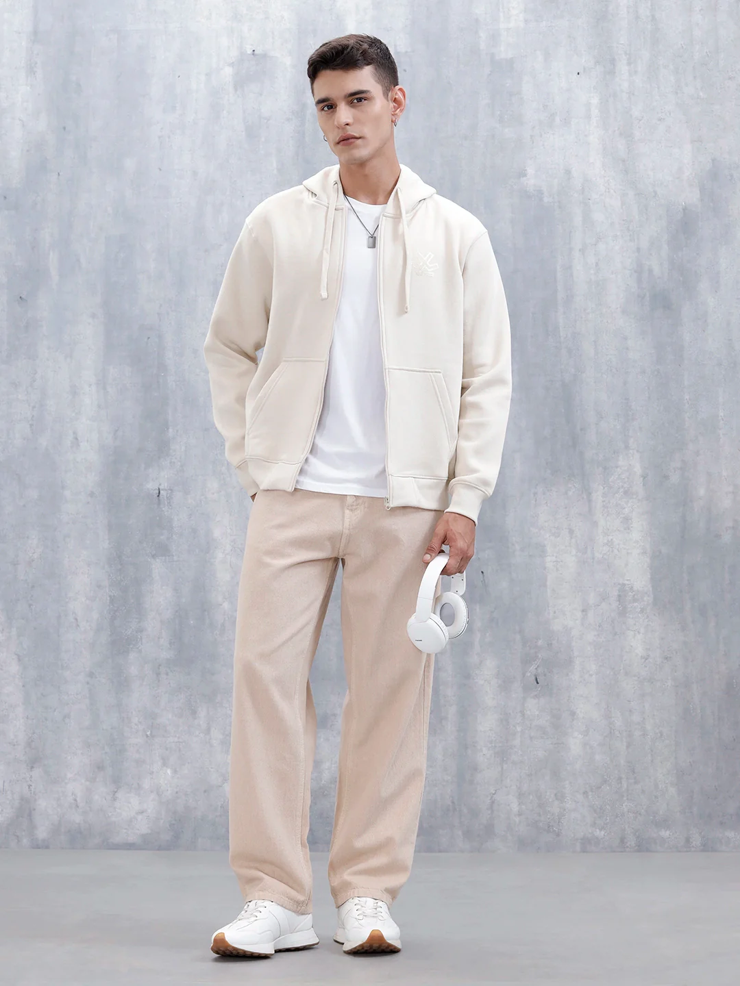 Men’s Solid Zip-Up Hoodie Sweatshirt | Tapioca - Image 3