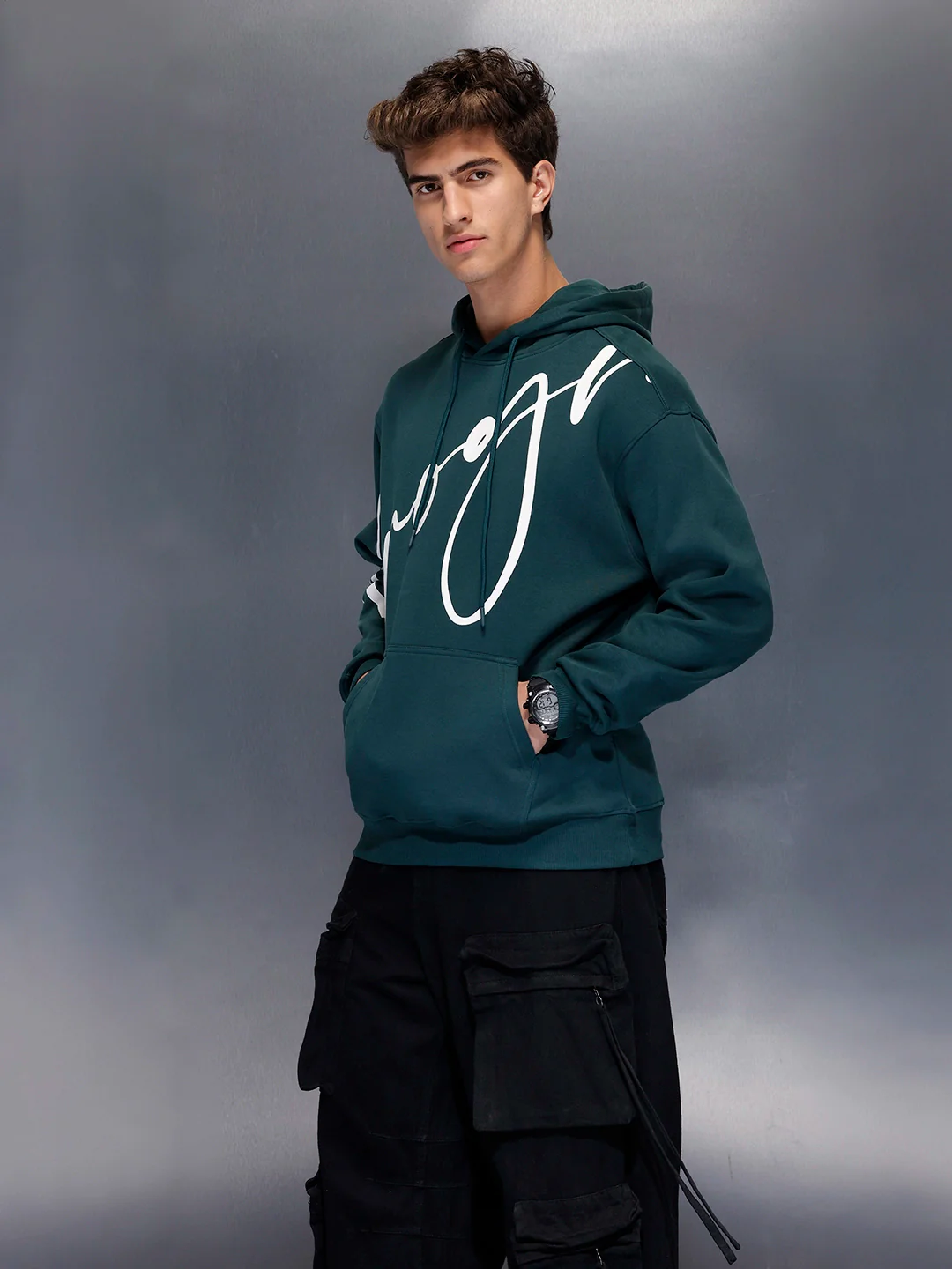 Men’s Teal Slim Fit Script Hoodie | Teal - Image 4