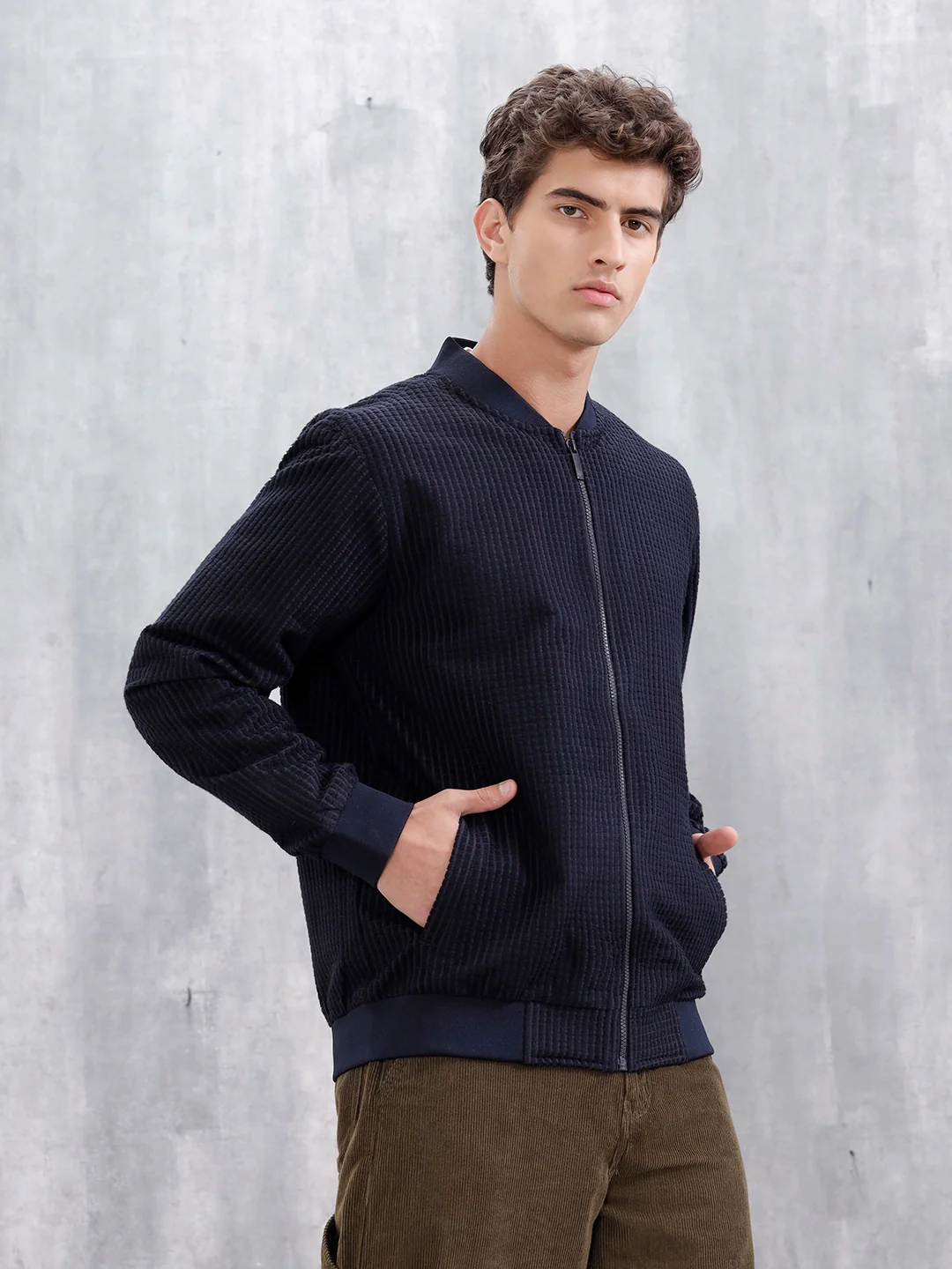 Men’s Textured Casual Bomber Jacket | Black - Image 3
