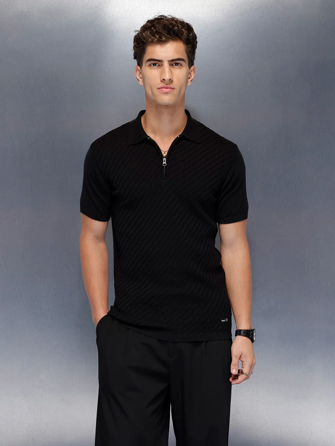 Men’s textured zip polo tshirt | Black - Image 3