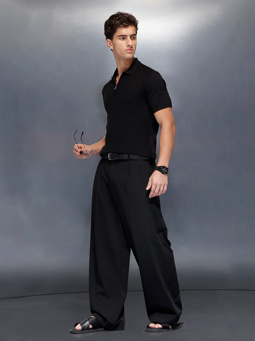 Men’s textured zip polo tshirt | Black - Image 4