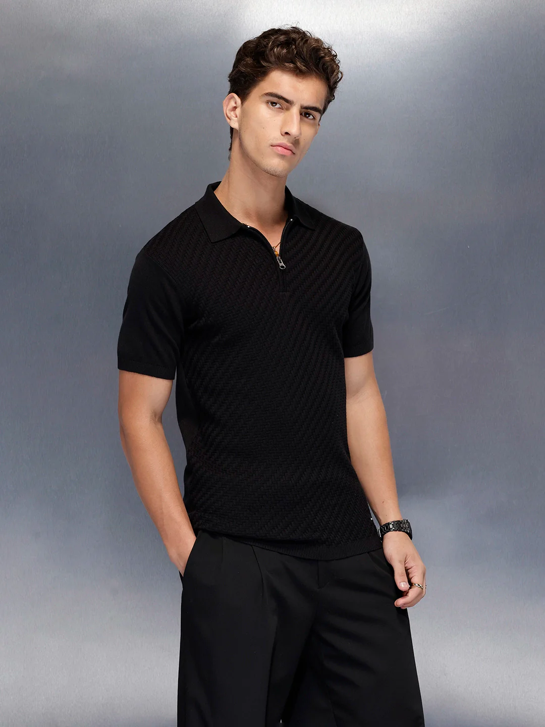 Men’s textured zip polo tshirt | Black - Image 6