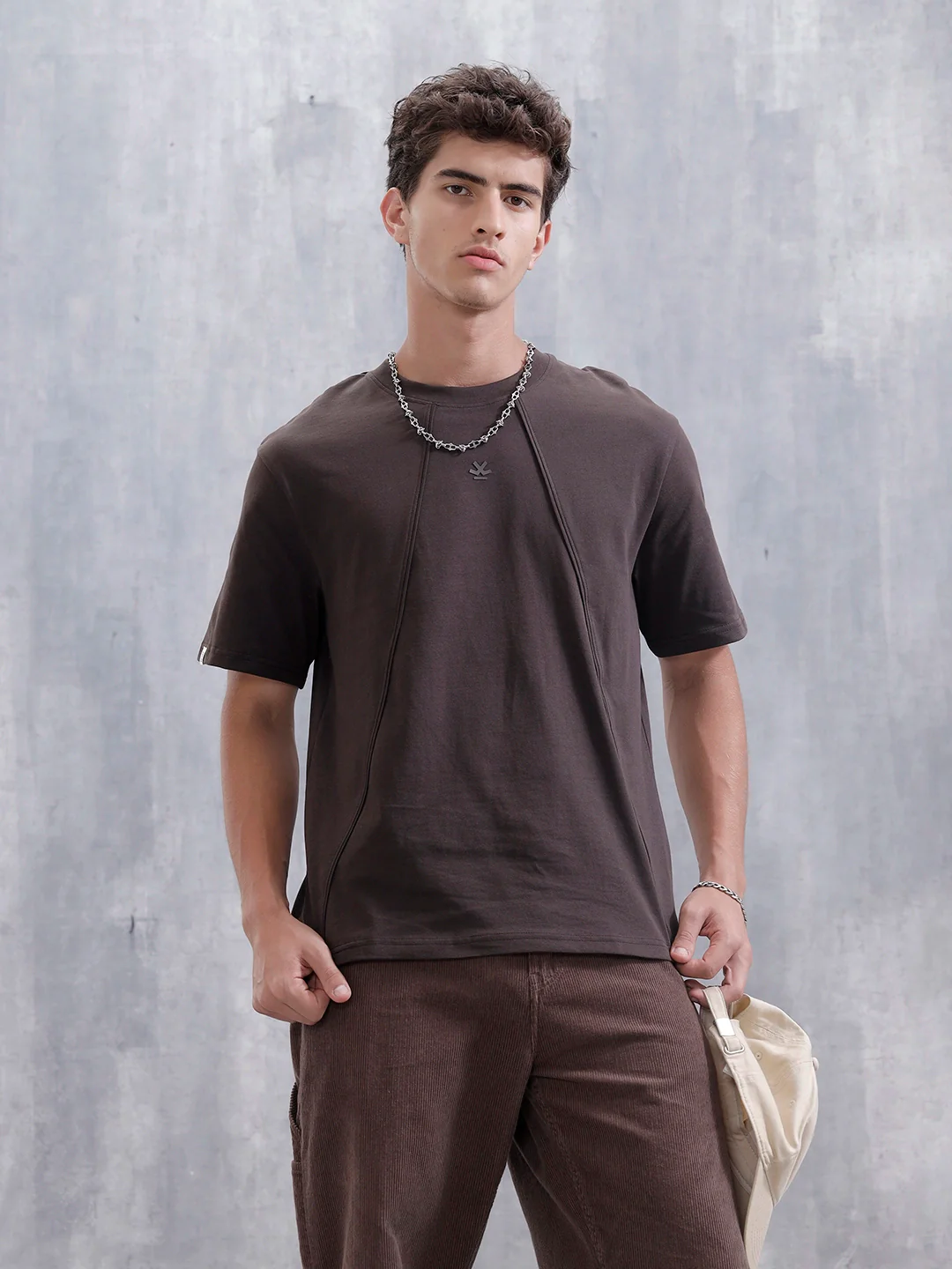Men Solid Comfort Fit Tshirt With Pipping Detail | Dark Brown