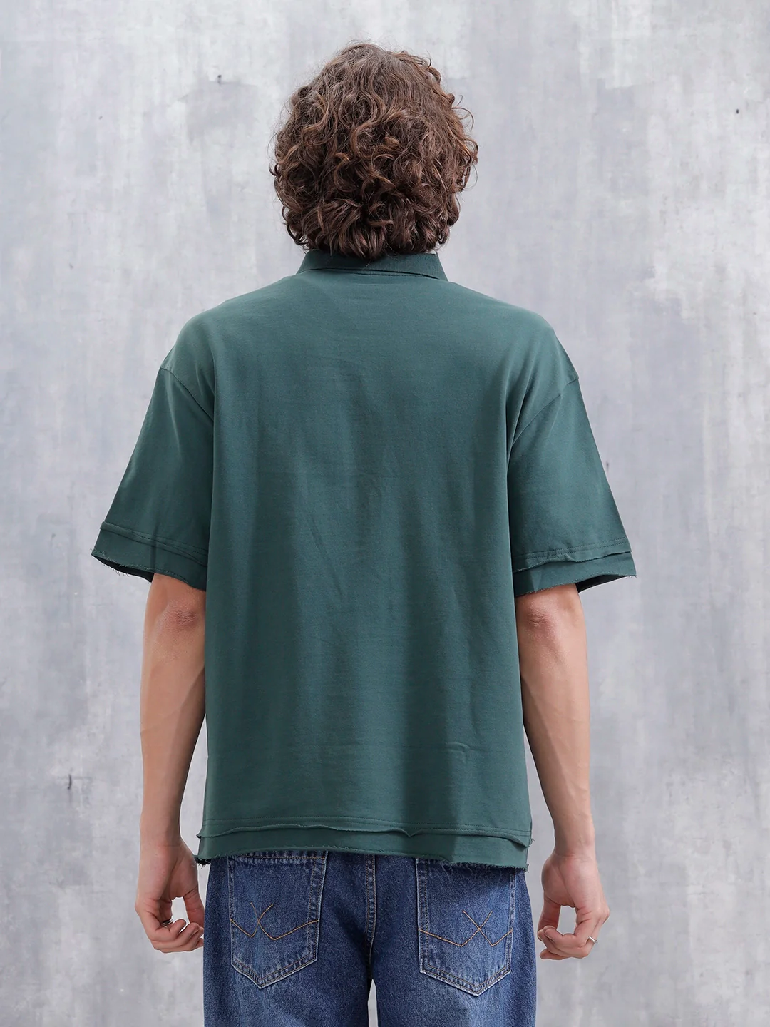 Men Oversized Fit Casual Johnny Collar T-shirt | Dark Green - Image 3