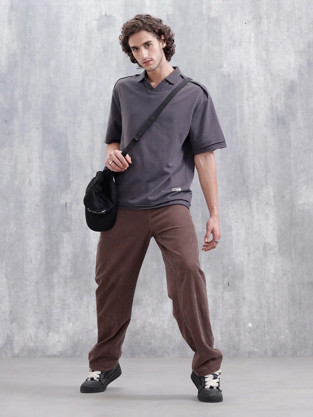 Men Oversized Fit Casual Johnny Collar T-shirt | Dark Grey - Image 2