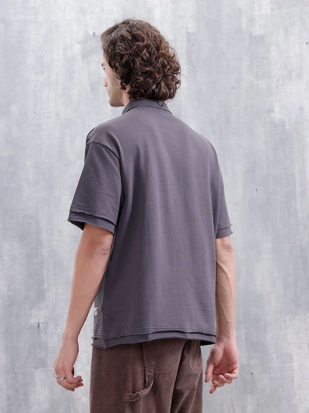 Men Oversized Fit Casual Johnny Collar T-shirt | Dark Grey - Image 3
